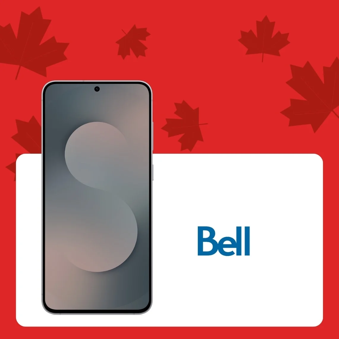 A silver Galaxy S25 FE front facing device next to a Bell logo inside a white container against a red background covered in dark red maple leaves.
