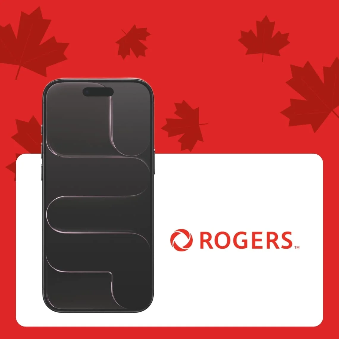 A black iPhone Air front facing device next to a Rogers logo inside a white container against a red background covered in dark red maple leaves.