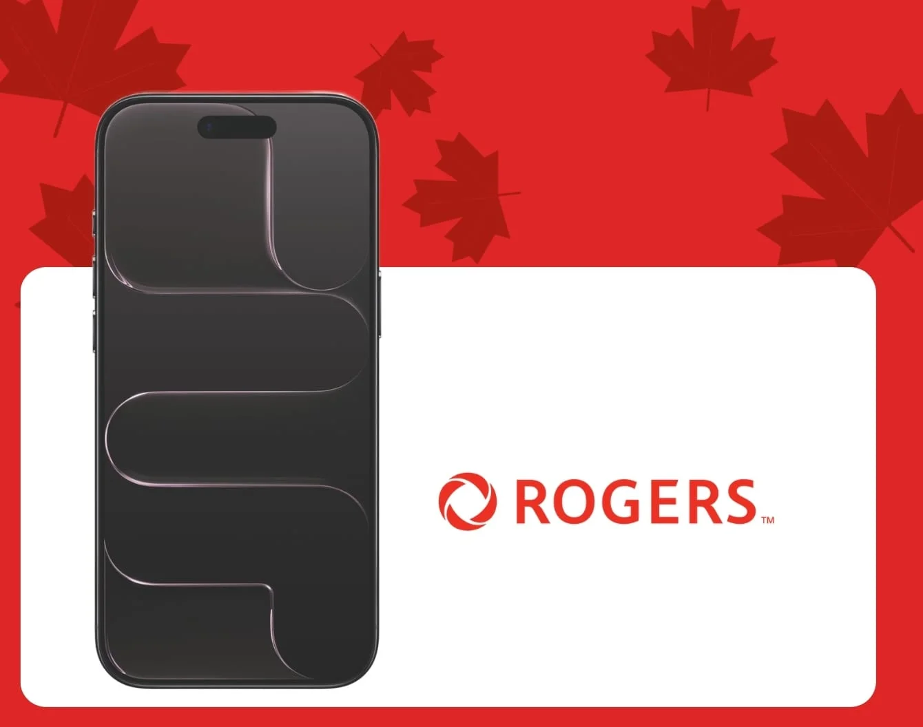 A black iPhone Air front facing device next to a Rogers logo inside a white container against a red background covered in dark red maple leaves.
